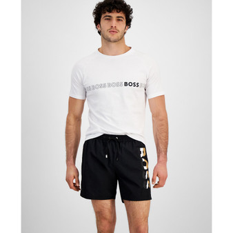 Men's 5" Bold Striped Vertical Logo Drawstring Swim Trunks