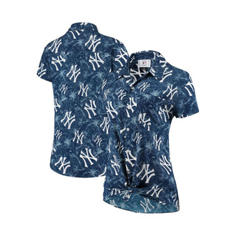 Women's Navy and Gray New York Yankees Tonal Print Button-Up Shirt