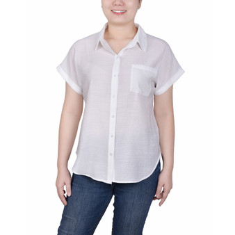 Petite Woven Front, Jersey Back Short Sleeve Top