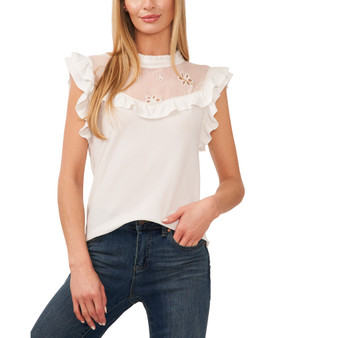 Women's Mixed-Media Ruffled Embroidered-Yoke Knit Top
