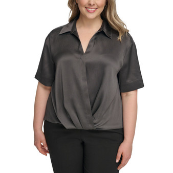 Plus Size Satin Wrap-Front Blouse