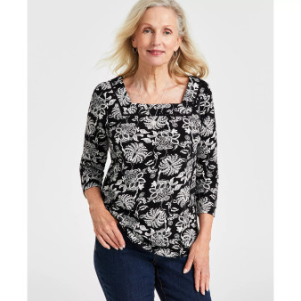 Petite Cotton Paisley-Print Square-Neck Top, Created for Macy's