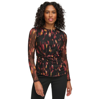 Women's Printed Mesh Side-Knot Top
