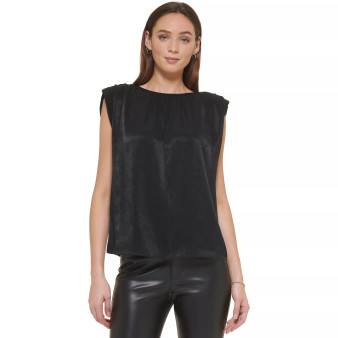 Women's Solid Satin Crewneck Shoulder-Pad Top