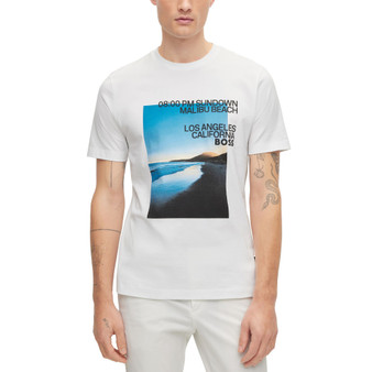 Men's Cotton-Blend T-shirt with Photographic Beach Print and Logo