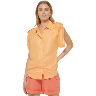 Women's Faux-Leather Button-Up Short-Sleeve Shirt