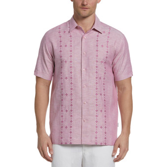 Men's Cross-Dyed Geo Embroidered Panel Button-Down Shirt