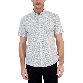 Men's Slim-Fit Stretch Bud Floral Leaf Print Short-Sleeve Button-Up Shirt