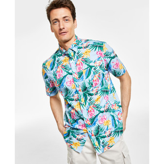 Men's Benie Classic-Fit Tropical-Print Button-Down Poplin Shirt, Created for Macy's