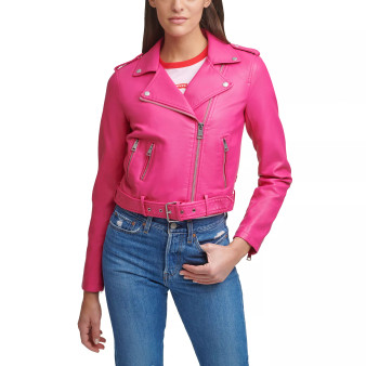 Women's Faux-Leather Belted Hem Moto Jacket