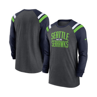 Men's Heathered Charcoal, College Navy Seattle Seahawks Tri-Blend Raglan Athletic Long Sleeve Fashion T-shirt