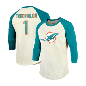 Men's Tua Tagovailoa Cream, Aqua Miami Dolphins Vintage-Inspired Player Raglan Name Number 3/4 Sleeve T-shirt