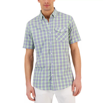 Men's Short-Sleeve Justin Plaid Tech Woven Shirt, Created for Macy's
