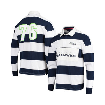 Men's College Navy, White Seattle Seahawks Varsity Stripe Rugby Long Sleeve Polo Shirt
