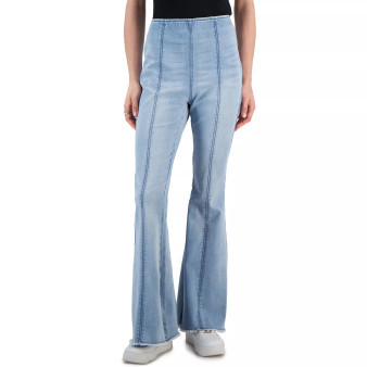 Juniors' Seamed Frayed-Hem High-Waist Pull-On Denim Jeans