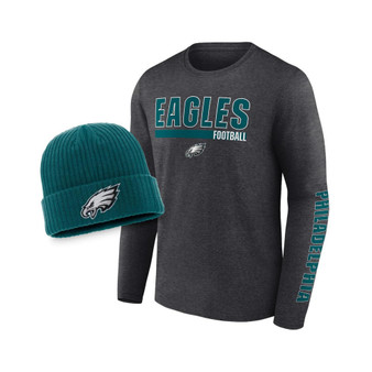Men's Branded Heather Charcoal and Midnight Green Philadelphia Eagles Long Sleeve T-shirt and Cuffed Knit Hat Combo Set