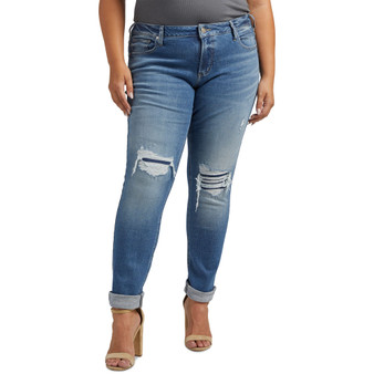 Plus Size Destructed Rolled-Cuff Slim-Leg Girlfriend Jeans