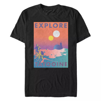 Men's Star Wars Explore Tatooine Faded Retro C-3PO R2-D2 Poster Short Sleeve T-shirt
