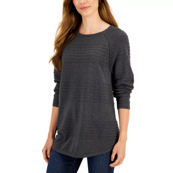 Women's Cotton Textured-Stripe Raglan-Sleeve Sweater, Created for Macy's