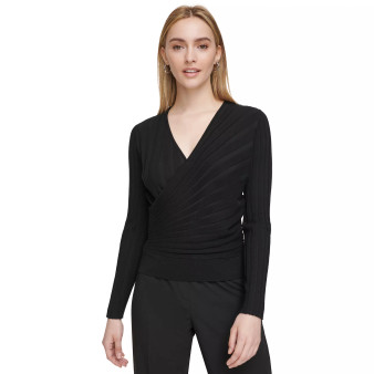Women's Ribbed Faux-Wrap Long-Sleeve Top