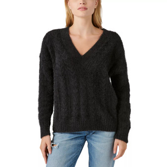 Women's Cable-Knit V-Neck Eyelash Sweater