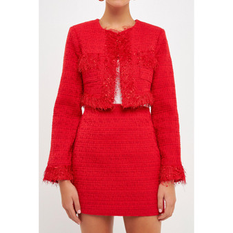 Women's Trimmed Feather Cropped Blazer