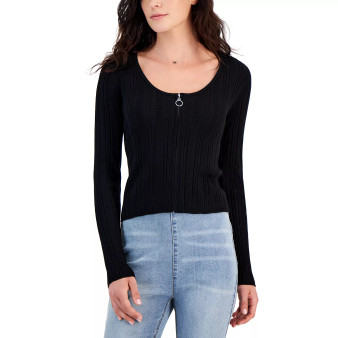 Juniors' Ribbed Zip-Front Scoop-Neck Sweater