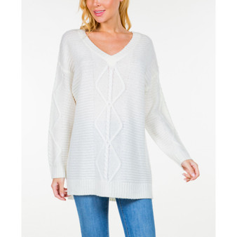 Women's Rib and Cable Knit Long Sleeve V-Neck Sweater