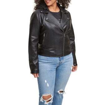 Plus Size Trendy Hooded Faux Leather Moto Jacket