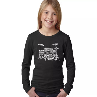 Big Girl's Word Art Long Sleeve T-Shirt - Drums