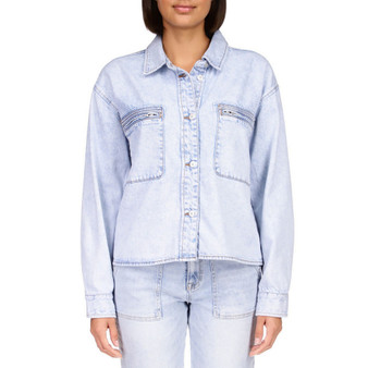 Women's Cropped Cargo Button-Down Denim Jacket