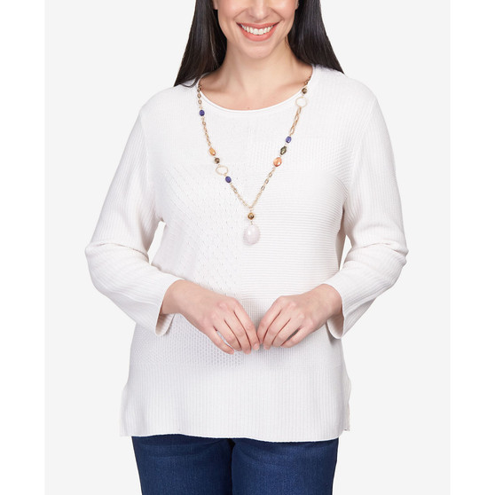 Women's Autumn Weekend Solid Texture Split Hem Sweater with Necklace