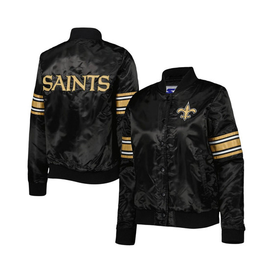 Women's Black New Orleans Saints Line Up Satin Full-Snap Varsity Jacket