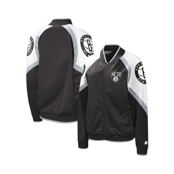 Women's Black, Silver Brooklyn Nets Fan Girl Satin Raglan Full-Zip Jacket