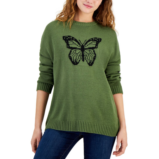 Juniors' Butterfly Graphic Ribbed-Edge Sweater