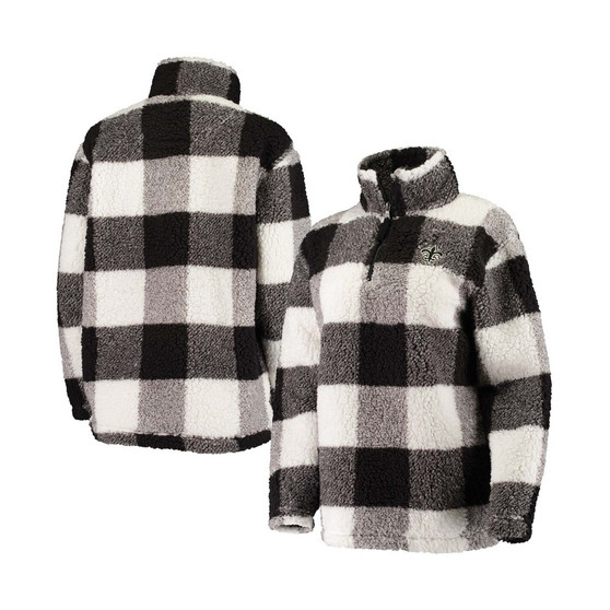 Women's Black New Orleans Saints Sherpa Plaid Quarter-Zip Jacket