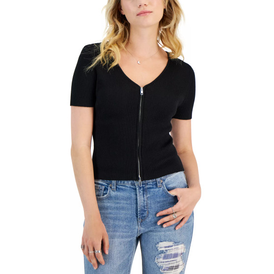 Juniors' V-Neck Double-Zip Short-Sleeve Cardigan