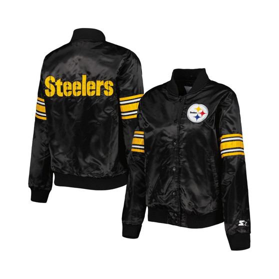 Women's Black Pittsburgh Steelers Line Up Satin Full-Snap Varsity Jacket
