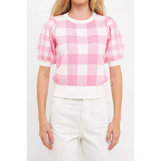Women's Gingham Puff Sleeve Knit Top