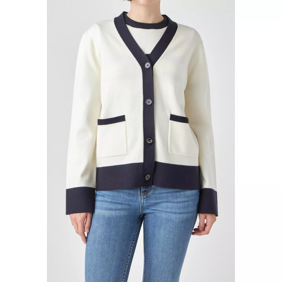 Women's Contrast V-neck Cardigan
