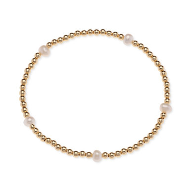 Cultured Freshwater Pearl (4-1/2 - 5mm) & Polished Bead Station Stretch Bracelet in 18k Gold-Plated Sterling Silver