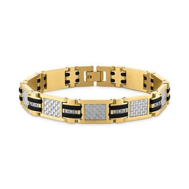 Diamond, Carbon Fiber, Black Rubber Link Bracelet (1/10 ct. t.w.) in Gold-Tone Ion-Plated Stainless Steel, Created for Macy's