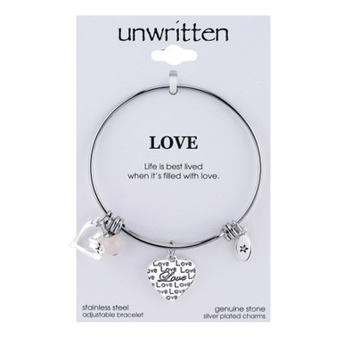 Love Charm and Rose Quartz (8mm) Bangle Bracelet in Stainless Steel with Silver Plated Charms