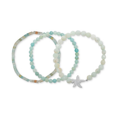 3-Pc. Set Amazonite & Cubic Zirconia Starfish Stretch Bracelets in Sterling Silver