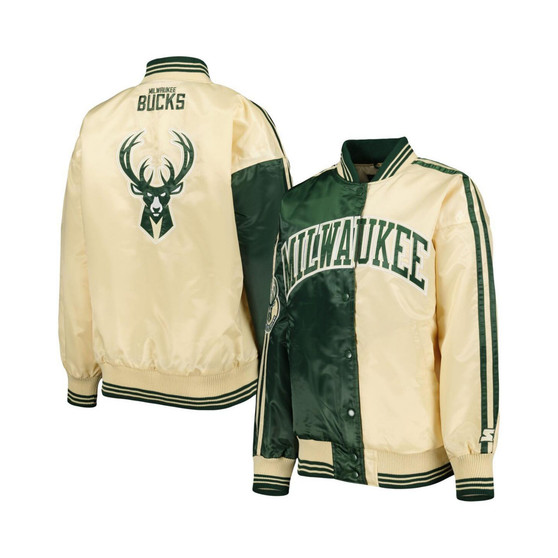 Women's Hunter Green, Cream Milwaukee Bucks Split Colorblock Satin Full-Snap Varsity Jacket