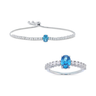 2-Pc. Set Blue & White Cubic Zirconia Ring & Matching Bolo Bracelet in Sterling Silver