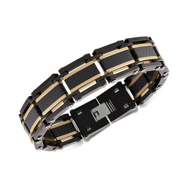 Two-Tone Square Link Bracelet in Black & Gold Ion-Plated Stainless Steel & Black Carbon Fiber, Created for Macy's