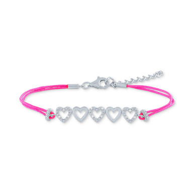 Diamond Accent Multi-Heart Pink Cord Bracelet in Sterling Silver
