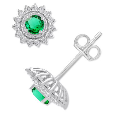 Emerald (1/2 ct. t.w.) & Diamond (1/5 ct. t.w.) Halo Stud Earrings in 14k White Gold (Also in Sapphire)