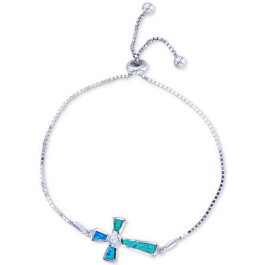 Lab-Created Blue Opal Cross Bolo Bracelet in Sterling Silver